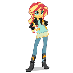 Size: 1400x1400 | Tagged: dead source, safe, sunset shimmer, equestria girls, g4, my little pony equestria girls: friendship games, boots, clothes, female, hand on hip, jacket, jeans, looking at you, pants, shadow, shoes, simple background, smiling, solo, transparent background, vector