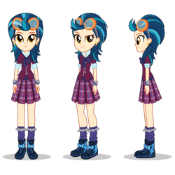 Size: 1400x1400 | Tagged: dead source, safe, indigo zap, equestria girls, g4, my little pony equestria girls: friendship games, official, clothes, crystal prep academy uniform, ear piercing, earring, female, goggles, jewelry, looking at you, piercing, poses, profile, raised eyebrow, school uniform, shoes, side view, simple background, smiling, sneakers, transparent background, turnaround, vector