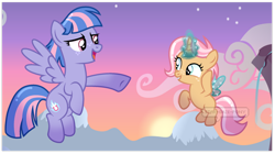 Size: 1280x718 | Tagged: safe, artist:star-gaze-pony, wind sprint, oc, oc:sunset sky, pony, unicorn, g4, artificial wings, augmented, female, filly, magic, magic wings, older, older wind sprint, parent:clear sky, parent:quibble pants, parents:quibblesky, wings
