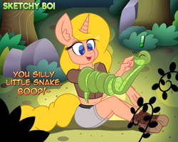 Size: 4000x3200 | Tagged: safe, artist:snakeythingy, oc, oc:coiler, oc:melody scales, snake, anthro, boop, coiling, coils, commission, dialogue, story included