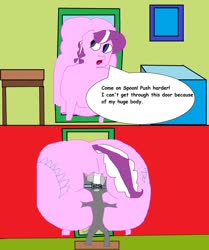 Size: 1068x1280 | Tagged: safe, artist:coltfan97, diamond tiara, silver spoon, earth pony, pony, g4, 1000 hours in ms paint, belly, butt, butt pushing, buttstuck, chubby, chubby diamond, doorway, fat, huge butt, impossibly large belly, impossibly large butt, large butt, morbidly obese, obese, plot, pushing, stuck