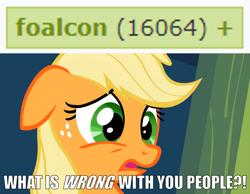 Size: 1297x1004 | Tagged: safe, edit, edited screencap, screencap, applejack, earth pony, pony, derpibooru, g4, the cutie pox, caption, comments locked down, female, floppy ears, freckles, horrified, image macro, impact font, implied foalcon, mare, meme, meta, reaction image, tags, text