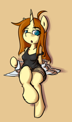 Size: 1132x1920 | Tagged: safe, artist:spheedc, oc, oc only, oc:honey desire, unicorn, anthro, ahoge, arm hooves, breasts, clothes, digital art, female, lab coat, mare, shorts, simple background, sitting, solo, tank top