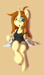 Size: 1132x1920 | Tagged: safe, artist:spheedc, oc, oc only, oc:honey desire, unicorn, anthro, ahoge, arm hooves, breasts, clothes, digital art, female, lab coat, lineless, mare, shorts, simple background, sitting, solo, tank top