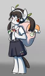 Size: 1280x2142 | Tagged: safe, artist:spheedc, earth pony, pony, semi-anthro, arm hooves, backpack, bipedal, bracelet, clothes, female, filly, gradient background, hachikuji mayoi, jewelry, monogatari series, pigtails, ponified, school uniform