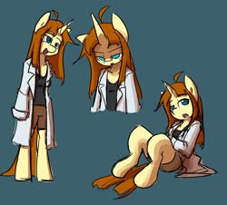 Size: 1280x1159 | Tagged: safe, artist:spheedc, oc, oc only, oc:honey desire, unicorn, semi-anthro, ahoge, angry, bipedal, clothes, digital art, female, lab coat, mare, shorts, simple background, sitting, solo, tank top