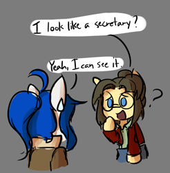Size: 1100x1116 | Tagged: safe, artist:spheedc, oc, oc:light chaser, oc:sphee, earth pony, semi-anthro, ahoge, arm hooves, clothes, digital art, female, glasses, hair bun, mare, ponytail, question mark, simple background, speech bubble
