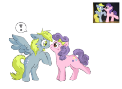 Size: 916x670 | Tagged: safe, artist:fizcat, artist:fizpup, derpy hooves, suri polomare, earth pony, pegasus, pony, g4, blind bag, boop, bow, exclamation point, female, hair bow, mare, noseboop, photo, shipping, simple background, speech bubble, surihooves, toy, white background