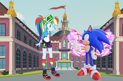 Size: 2032x1337 | Tagged: safe, artist:ravecrocker, artist:shootingstarsentry, artist:user15432, rainbow dash, fairy, hedgehog, human, equestria girls, festival filters, g4, my little pony equestria girls: better together, barely eqg related, canterlot high, clothes, crossover, fairy wings, female, high school, male, palindrome get, rainbow socks, sega, shoes, sneakers, socks, sonic the hedgehog, sonic the hedgehog (series), sonicdash, straight, striped socks, wings