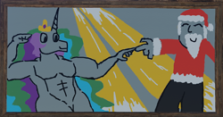 Size: 1106x579 | Tagged: safe, artist:lyracorn, princess celestia, alicorn, human, anthro, g4, 1000 hours in ms paint, brolestia, christmas, crepuscular rays, hat, holiday, muscles, muscular female, princess musclestia, rust, santa claus, santa hat, the creation of adam, video game