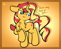 Size: 2385x1920 | Tagged: dead source, safe, artist:php142, sunset shimmer, pony, unicorn, g4, chest fluff, cute, dialogue, female, floppy ears, gradient background, lidded eyes, mare, raised leg, shimmerbetes, smiling, solo