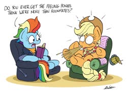 Size: 1024x728 | Tagged: safe, artist:bobthedalek, applejack, rainbow dash, pony, g4, the last problem, book, chair, cider, clothes, female, granny smith's shawl, implied appledash, implied lesbian, implied shipping, mare, not shipping, older, older applejack, older rainbow dash, recliner, roommates, sappho and her friend, shipping denied, signature, simple background, spit take, white background