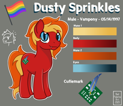 Size: 1842x1597 | Tagged: safe, artist:redpalette, oc, oc only, oc:dusty sprinkles, pony, vampire, vampony, cutie mark, fangs, flag, gray background, looking at you, male, pride, pride flag, reference sheet, simple background, smiling, solo, stallion