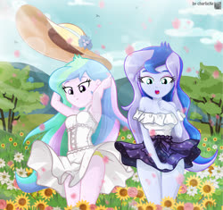 Size: 837x788 | Tagged: safe, artist:charliexe, princess celestia, princess luna, principal celestia, vice principal luna, human, equestria girls, g4, adorasexy, armpits, clothes, cottagecore, cute, cutelestia, digital art, dress, duo, female, flower, frilly underwear, hat, lace underwear, lunabetes, miniskirt, panties, panty shot, sexy, siblings, sisters, skirt, sun hat, thighs, tree, underwear, upskirt, wind, yellow underwear