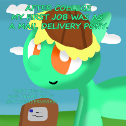 Size: 1000x1000 | Tagged: safe, artist:artdbait, oc, oc only, oc:goldy, pony, series:goldy and hazard, amber eyes, cloud, delivery, delivery pony, green fur, hat, implied racism, outdoors, package, simple background, simple shading, smiling, solo, working, yellow mane