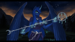 Size: 3920x2205 | Tagged: safe, artist:dezdark, princess luna, alicorn, anthro, g4, cloak, clothes, crescent moon, dreamcatcher, fangs, female, high res, looking at you, magic, mare, midriff, moon, night, sky, solo, spread wings, staff, stars, telekinesis, wings