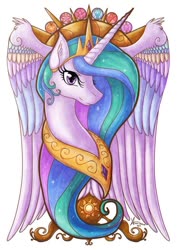 Size: 600x849 | Tagged: safe, artist:cold-creature, princess celestia, alicorn, pony, g4, bust, colored wings, ear fluff, element of generosity, element of honesty, element of kindness, element of laughter, element of loyalty, element of magic, elements of harmony, female, mare, multicolored wings, portrait, simple background, solo, sun, white background, wing fluff, wings