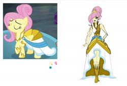 Size: 1280x869 | Tagged: safe, artist:ponyretirementhome, fluttershy, rarity, pegasus, pony, equestria girls, fake it 'til you make it, g4, alternate hairstyle, boots, clothes, crown, dress, eyes closed, eyeshadow, female, hair over one eye, high heel boots, hoof shoes, jewelry, lipstick, makeup, mare, raised hoof, regalia, shoes, simple background, solo focus, warrior of inner strength, white background