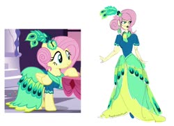 Size: 1280x929 | Tagged: safe, artist:ponyretirementhome, fluttershy, pegasus, pony, equestria girls, g4, make new friends but keep discord, alternate hairstyle, clothes, dress, ear piercing, earring, feather, female, flats, gala dress, jewelry, lipstick, mare, piercing, raised hoof, scarf, simple background, solo, table, white background