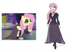 Size: 1280x926 | Tagged: safe, artist:ponyretirementhome, fluttershy, pegasus, pony, equestria girls, fake it 'til you make it, g4, alternate hairstyle, boots, choker, clothes, dress, ear piercing, earring, equestria girls interpretation, eyeshadow, female, fluttergoth, goth, hoof shoes, jewelry, lipstick, long skirt, makeup, mare, piercing, raised hoof, scene interpretation, shoes, simple background, skirt, solo, white background