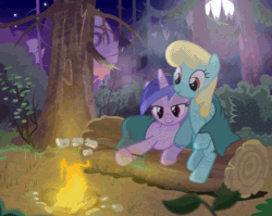 Size: 900x718 | Tagged: source needed, safe, artist:askometa, artist:brutalweather studio, sassaflash, sea swirl, seafoam, pegasus, pony, unicorn, g4, absurd file size, absurd gif size, animated, background pony, blanket, campfire, cute, duo, female, food, forest, gif, hoof hold, laughing, log, mare, marshmallow, moon, night, sassaswirl, scared, show accurate, tree, ych result