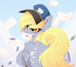 Size: 5000x4400 | Tagged: safe, alternate version, artist:xsatanielx, derpy hooves, pegasus, pony, rcf community, g4, absurd resolution, both cutie marks, chest fluff, cute, derpabetes, female, hat, letter, looking back, mailmare, mare, mouth hold, rear view, smiling, solo, strategically covered, tail censor