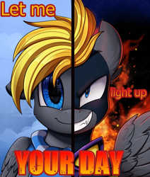 Size: 2550x3009 | Tagged: safe, artist:pridark, oc, oc only, oc:blaze (shadowbolt), pegasus, pony, two sided posters, bust, clothes, cloud, commission, duality, evil, evil grin, fire, good, grin, high res, male, portrait, poster, shadowbolts, sky, smiling, solo, text
