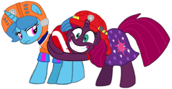Size: 1808x937 | Tagged: safe, artist:徐詩珮, fizzlepop berrytwist, spring rain, tempest shadow, pony, unicorn, series:sprglitemplight diary, series:sprglitemplight life jacket days, series:springshadowdrops diary, series:springshadowdrops life jacket days, g4, shadow play, alternate universe, base used, broken horn, butt touch, butthug, cute, female, horn, lesbian, lifeguard, lifeguard spring rain, paw patrol, pinkie hugging applejack's butt, ship:springshadow, shipping, simple background, spring rain is not amused, springbetes, tempestbetes, transparent background, unamused