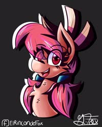 Size: 1280x1600 | Tagged: safe, artist:thedamneddarklyfox, oc, oc only, earth pony, pony, bust, eye clipping through hair, head, looking at you, pigtails, simple background, smiling, smiling at you, solo