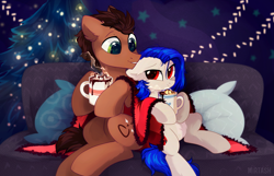 Size: 2489x1606 | Tagged: safe, artist:mirtash, oc, oc only, earth pony, pony, blanket, chocolate, christmas, christmas lights, christmas tree, couch, cushion, duo, female, floppy ears, food, holiday, hot chocolate, looking at each other, male, oc x oc, shipping, sitting, smiling, steam, straight, tree