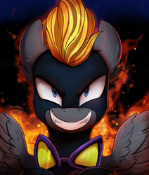 Size: 2550x3009 | Tagged: safe, artist:pridark, oc, oc only, oc:blaze (shadowbolt), pegasus, pony, bust, clothes, commission, evil, evil grin, fire, goggles, grin, high res, male, portrait, shadowbolts, smiling, solo