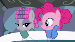 Size: 640x360 | Tagged: safe, screencap, maud pie, pinkie pie, earth pony, pony, g4, rock solid friendship, season 7, animated, bedsheets, clapping, clothes, cute, daaaaaaaaaaaw, diapinkes, duo, female, footed sleeper, forehead kiss, gif, hair curlers, kissing, mare, pajamas, pie sisters, pie sisters pajamas, pillow, pinkie being pinkie, platonic kiss, sad, sibling love, siblings, sisterly love, sisters, sleeping, the clapper