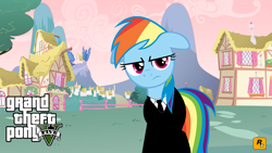 Size: 1024x576 | Tagged: safe, rainbow dash, pony, g4, clothes, grand theft auto, gta v, looking forward, ponyville, suit, wallpaper
