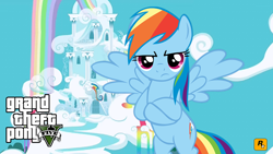 Size: 1024x576 | Tagged: safe, rainbow dash, g4, crossed arms, crossed hooves, grand theft auto, gta v, looking at you, rainbow dash's house, wallpaper, wings