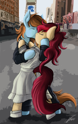 Size: 1994x3174 | Tagged: source needed, safe, artist:jamescorck, oc, oc only, oc:appleale, oc:sorren, earth pony, pegasus, semi-anthro, equestria at war mod, arm hooves, bipedal, clothes, dress, duo, eyes closed, female, kissing, male, mare, ponified, sailor kiss, stallion, v-j day in times square, ve day, vg day, vintage, world war ii