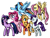 Size: 1280x960 | Tagged: safe, artist:syrupyyy, applejack, fluttershy, pinkie pie, rainbow dash, rarity, twilight sparkle, earth pony, pegasus, pony, unicorn, g4, cowboy hat, cute, eyes closed, female, flying, hat, mane six, mare, open mouth, profile, simple background, unicorn twilight, white background