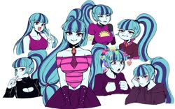 Size: 929x578 | Tagged: safe, artist:nairdags, sonata dusk, equestria girls, equestria girls series, find the magic, rainbow rocks, sunset's backstage pass!, spoiler:eqg series (season 2), anime, bare shoulders, bedroom eyes, blushing, breasts, bust, busty sonata dusk, cleavage, clothes, cute, embarrassed, female, food, gem, heart, hoodie, keyhole turtleneck, lidded eyes, looking at you, multeity, ponytail, simple background, siren gem, solo, sonatabetes, taco, taco dress, turtleneck, white background
