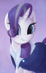 Size: 2712x4296 | Tagged: safe, artist:fladdrarblyg, rarity, pony, unicorn, g4, the last problem, clothes, colored, female, hair over one eye, looking at you, mare, older, older rarity, signature, simple background, smiling, solo, three quarter view, turned head