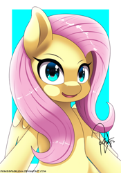 Size: 1118x1596 | Tagged: safe, artist:drakesparkle44, fluttershy, pegasus, pony, g4, abstract background, bust, cute, female, looking at you, mare, open mouth, shyabetes, solo