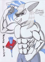 Size: 2398x3300 | Tagged: safe, artist:zeruvel, oc, oc only, oc:neon blitz, unicorn, anthro, abs, biceps, clothes, cutie mark, high res, male, marker drawing, muscles, muscular male, muscular stallion, nudity, partial nudity, pecs, scan, scanned, shorts, solo, text, topless, traditional art