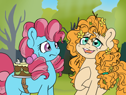 Size: 2828x2121 | Tagged: safe, artist:therealakineko, cup cake, pear butter, earth pony, pony, g4, the perfect pear, belt, cake, chiffon swirl, duo, female, flower, flower in hair, food, heart eyes, high res, hoof on chest, mare, messy mane, open mouth, scene interpretation, sweat, sweatdrop, wingding eyes, younger