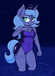 Size: 2550x3555 | Tagged: safe, artist:paskanaakka, derpibooru exclusive, princess luna, alicorn, anthro, g4, chest fluff, cleavage fluff, clothes, female, high res, legs in the water, mare, night, one-piece swimsuit, s1 luna, solo, stars, swimsuit, water, wingless