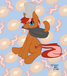 Size: 885x1000 | Tagged: safe, artist:torishimaeve, oc, oc only, oc:bacon pancakes, earth pony, pony, bacon, butter, chef, chef's hat, food, frying pan, hat, implied ponies eating meat, male, meat, mouth hold, pan, pancakes, sitting, solo, stallion