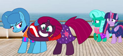 Size: 2340x1080 | Tagged: safe, artist:徐詩珮, fizzlepop berrytwist, glitter drops, spring rain, tempest shadow, twilight sparkle, alicorn, pony, unicorn, series:sprglitemplight diary, series:sprglitemplight life jacket days, series:springshadowdrops diary, series:springshadowdrops life jacket days, g4, shadow play, alternate universe, bisexual, broken horn, butt touch, butthug, clothes, cute, equestria girls outfit, female, glitterbetes, horn, hug, lesbian, lifeguard, lifeguard spring rain, paw patrol, pinkie hugging applejack's butt, polyamory, ship:glitterlight, ship:glittershadow, ship:sprglitemplight, ship:springdrops, ship:springlight, ship:springshadow, ship:springshadowdrops, ship:tempestlight, shipping, spring rain is not amused, springbetes, swimsuit, tempestbetes, twilight sparkle (alicorn), unamused