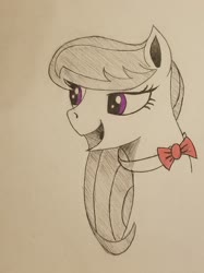 Size: 1535x2048 | Tagged: safe, artist:polar_storm, octavia melody, earth pony, pony, g4, bowtie, bust, female, happy, monochrome, partial color, purple eyes, simple background, sketch, solo, traditional art, white background