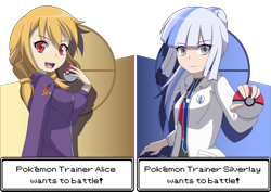 Size: 3057x2165 | Tagged: safe, artist:zacatron94, oc, oc only, oc:alice goldenfeather, oc:silverlay, human, blue background, clothes, duo, female, high res, humanized, poké ball, pokémon, simple background, yellow background