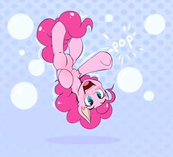 Size: 1100x1000 | Tagged: safe, artist:lostdreamm, pinkie pie, earth pony, pony, g4, blushing, bubble, chest fluff, cute, diapinkes, ear fluff, female, open mouth, solo, upside down