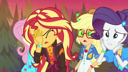 Size: 1920x1080 | Tagged: safe, screencap, applejack, fluttershy, rarity, sunset shimmer, equestria girls, equestria girls specials, g4, my little pony equestria girls: better together, my little pony equestria girls: sunset's backstage pass, facepalm, female, geode of empathy, geode of shielding, geode of super strength, magical geodes, music festival outfit