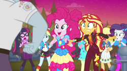 Size: 1920x1080 | Tagged: safe, screencap, applejack, fluttershy, max steele, pinkie pie, rainbow dash, rarity, sci-twi, sunset shimmer, twilight sparkle, equestria girls, equestria girls specials, g4, my little pony equestria girls: better together, my little pony equestria girls: sunset's backstage pass, geode of empathy, geode of shielding, geode of sugar bombs, humane five, humane seven, humane six, magical geodes, music festival outfit