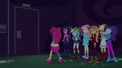 Size: 1920x1080 | Tagged: safe, screencap, applejack, fluttershy, pinkie pie, rainbow dash, rarity, sci-twi, sunset shimmer, twilight sparkle, equestria girls, equestria girls series, sunset's backstage pass!, spoiler:eqg series (season 2), female, geode of empathy, geode of shielding, geode of super speed, geode of telekinesis, humane five, humane seven, humane six, magical geodes, music festival outfit, shoes, sneakers